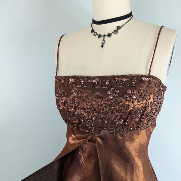 Vintage Morgan Co Prom Dress Maxi Gown Fairy 90s Y2K Split Empire Slip Brown M - Picture 7 of 10